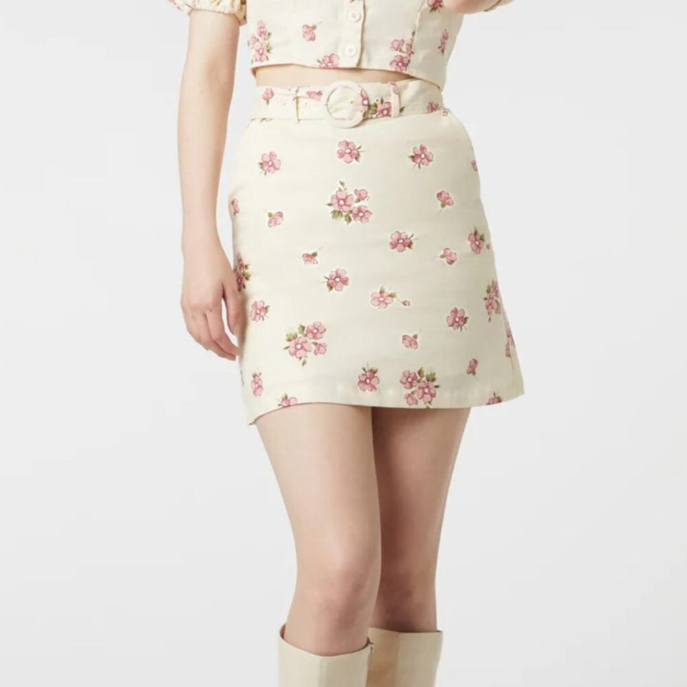 Princess Highway Bianca Ditsy Skirt Linen Floral Mini A-Line Cream Belted Pink
